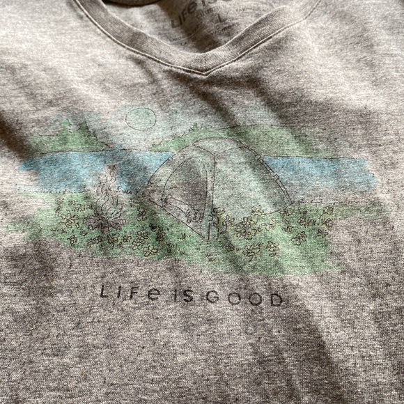 Life is good tent camping grey L large v-neck short sleeve top shirt tee - Picture 2 of 2